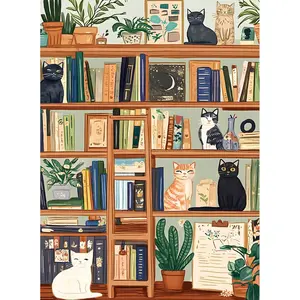 500 Piece Puzzles for Adults, Charming Cat Bookshelf Jigsaw Puzzle, Cozy and Relaxing 500 Piece Puzzle, Perfect for Family Time, Stress Relief, Home Wall Decor, Great Gift for Adults, Kids, Seniors