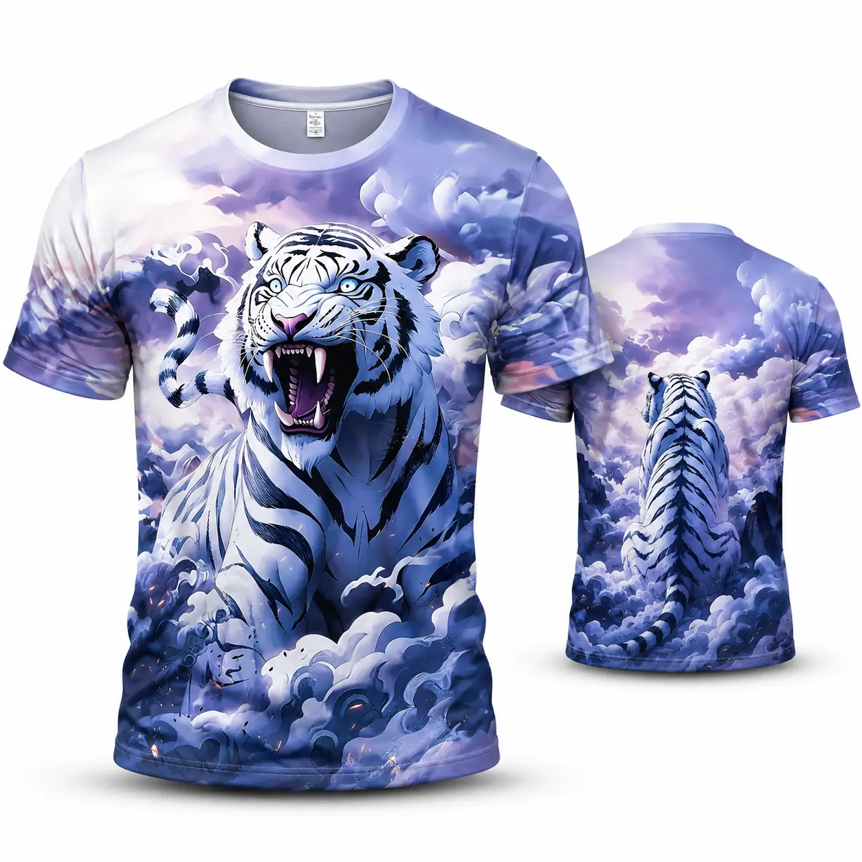 Men's White Tiger Graphic T-Shirt,  Roaring Tiger Print Short Sleeve Tee, Cool Animal Streetwear Shirt for Men, Lightweight Crew Neck Summer Top, Casual Workout Gym Tee, Festival Outfit, Vacation Wear, Unique Gift for Tiger Lovers Daily Wear Top