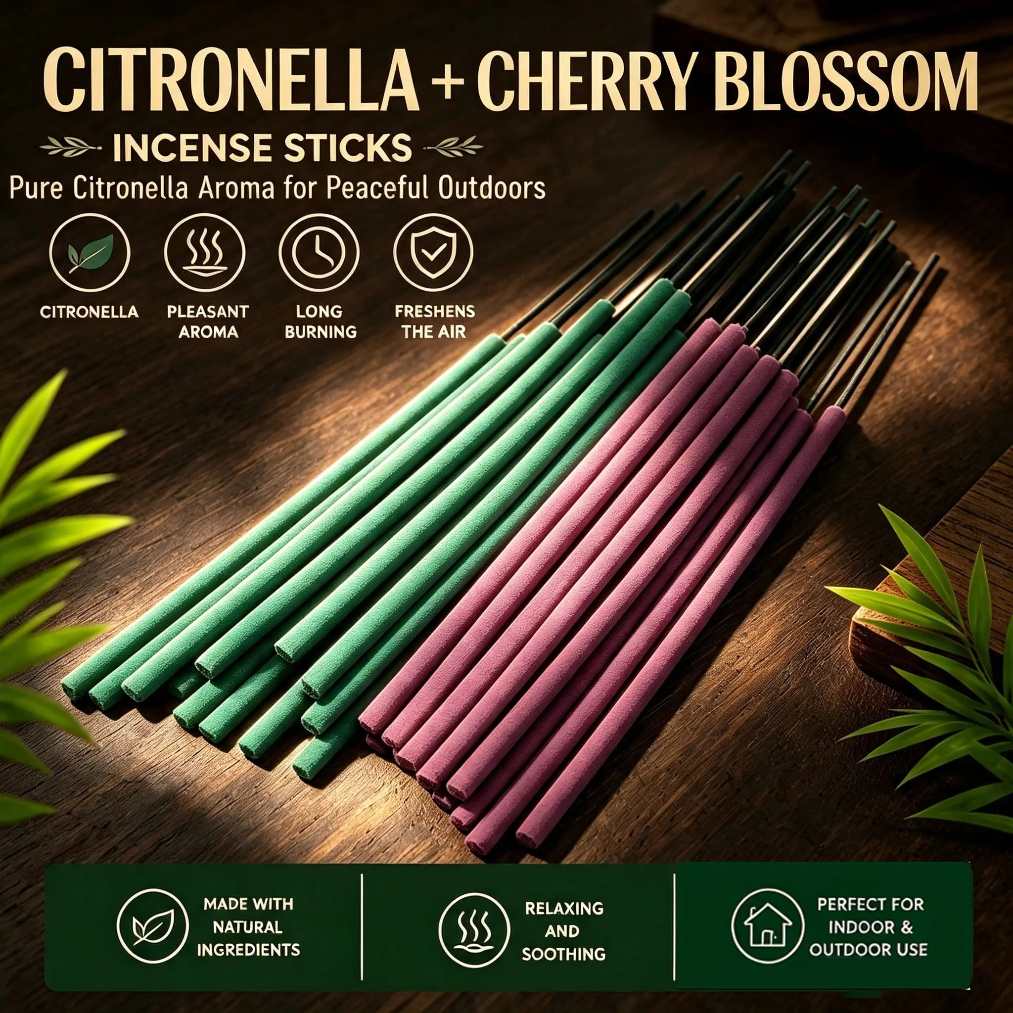 Natural Lemongrass + Cherry Blossom Incense Sticks, 27cm Long, 8mm Thick, Slow Burning Outdoor Incense, Fresh Lemongrass Scent, Ideal for Garden, Patio, Camping, Outdoor Events