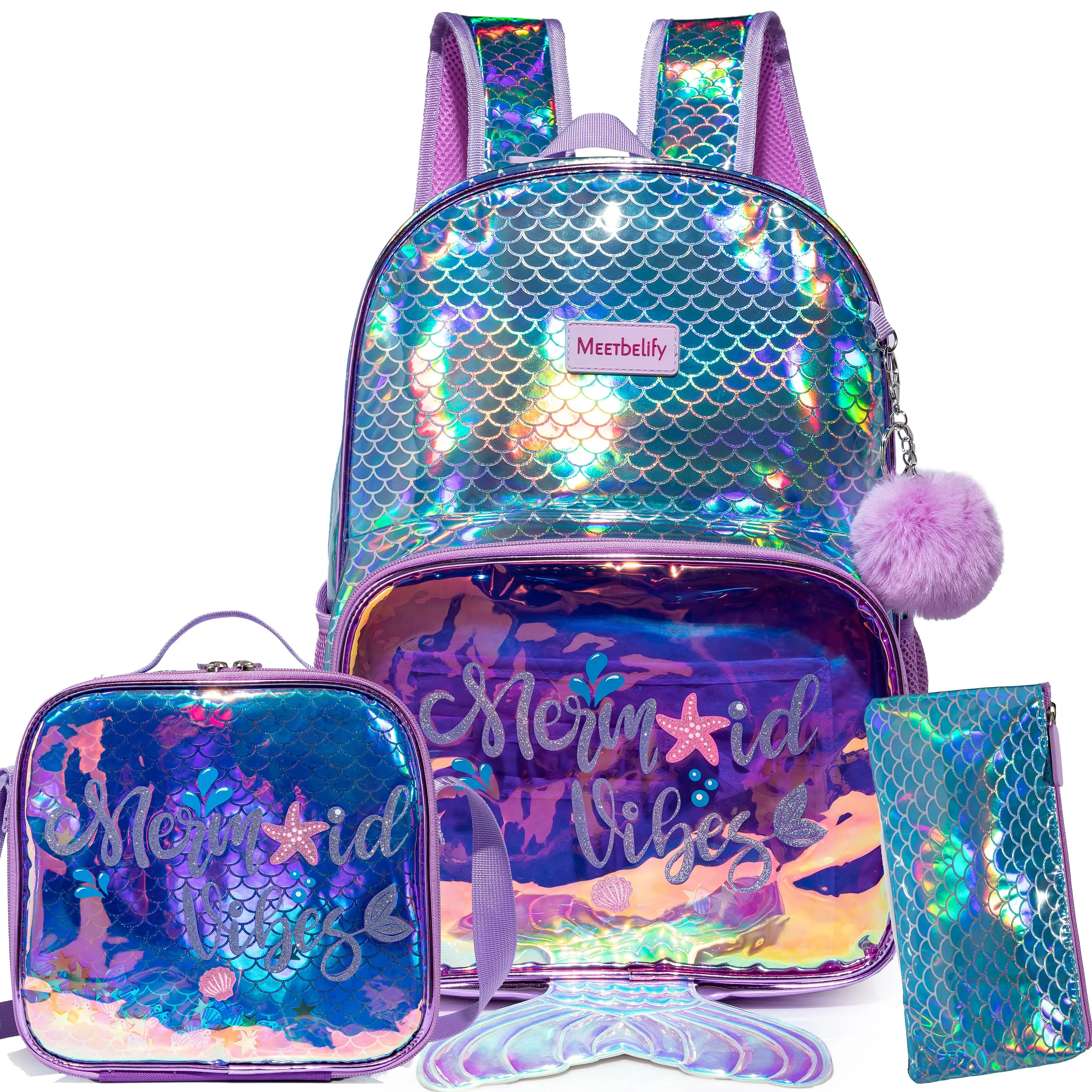 Girls' 3-Piece Polyester Multi-Function School Backpack Set - Holographic Mermaid Bookbag with 3D Tail, Shimmering Iridescent Fish Scale Design, Lunch Box & Pencil Case, Cute Purple Kawaii Kids' Bag, Cute Stylish Daypacks, Pattern Backpack Set, Multi-Use