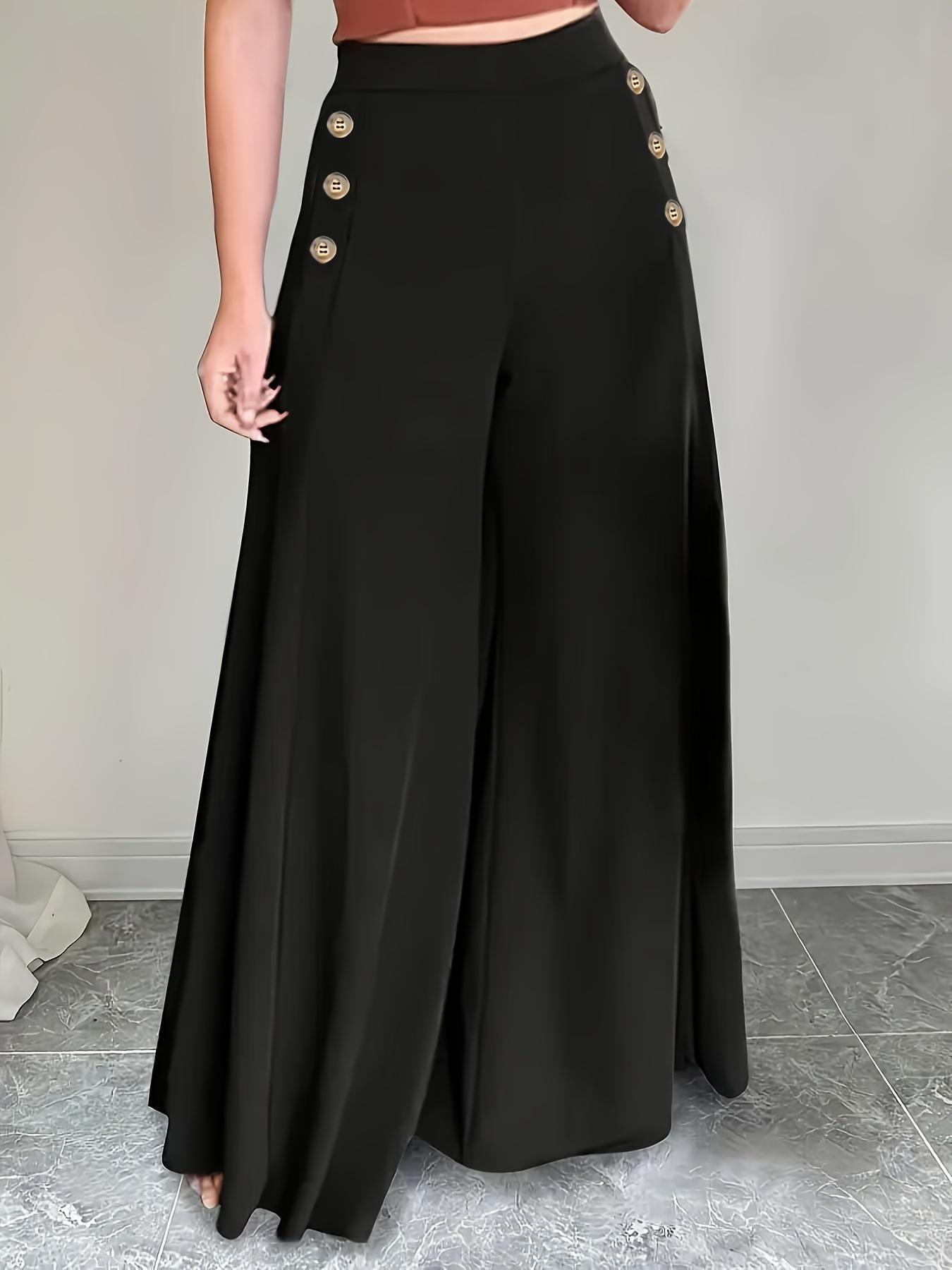 Women's Solid Color Button Decor Wide Leg Pants, Basic Casual High Waist Comfy Trousers for Work Office Business, Ladies Casual Fitted Bottoms for All Seasons