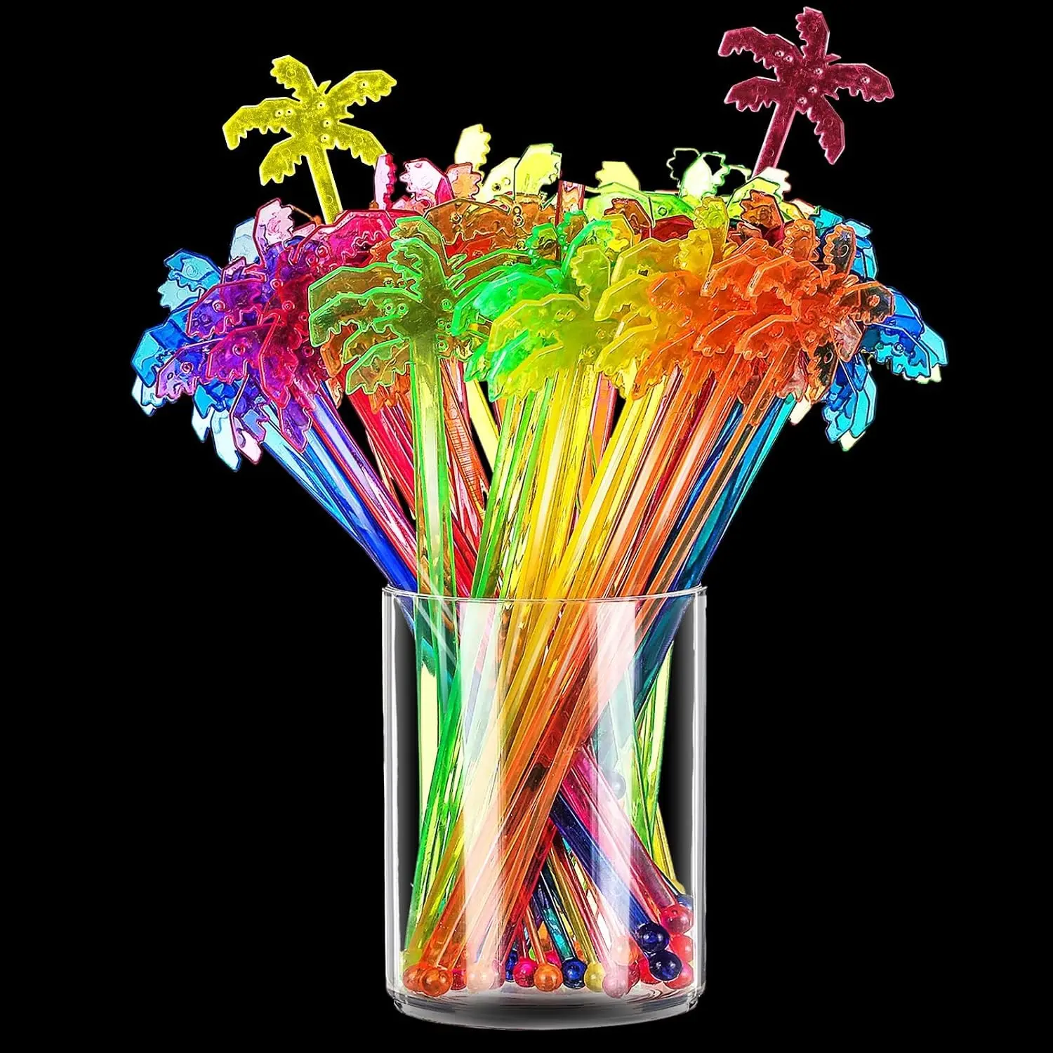 100 Sturdy Disposable Plastic Swizzle Sticks - Cocktail, Coffee, Tea Stirrers for Bar, Home Party Use (Coconut Trees Design)