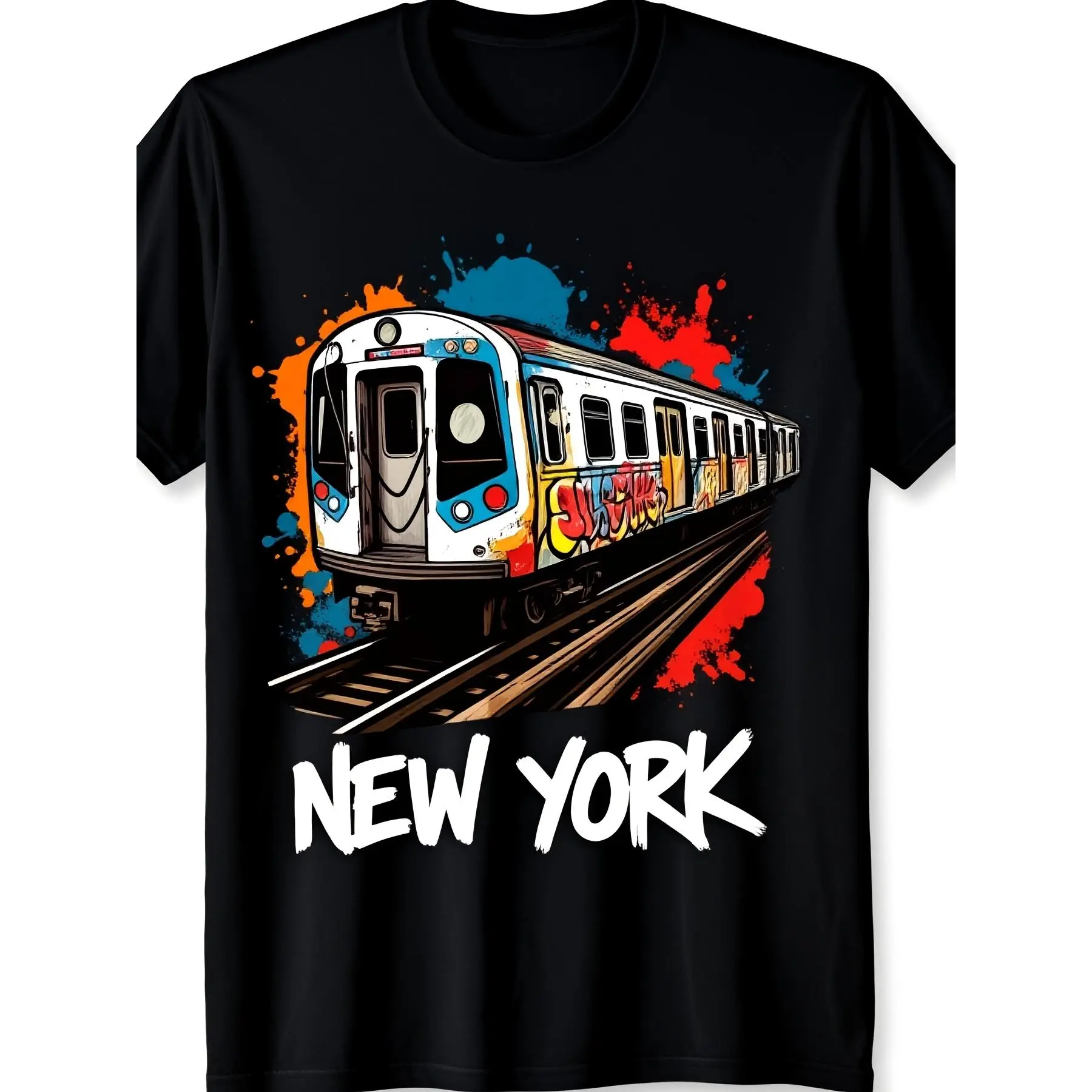 Men's New York City Subway Graffiti Graphic TShirt Retro Vintage NYC Train Design with Bold White Lettering Colorful Graffiti Art Casual Round Neck Short Sleeve Tee for Urban Streetwear ERetro Casual Short-sleeved T-shirt with a Round Neck
