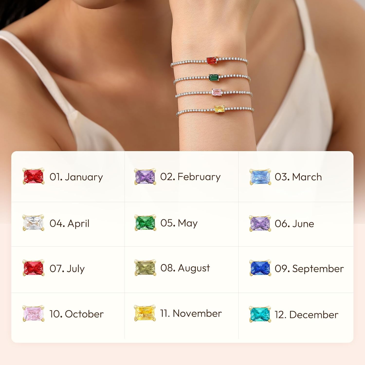 THE WELL KEPT Birthstone Bracelet for Women 14K Gold Plated Tennis Bracelet 2mm Fine Jewelry Birthday Christmas Day Gifts for Women Wife Girlfriend Her Mom Friend