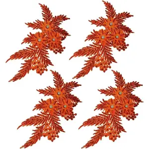 4 Pack Orange 3D Flower Sequin Applique Rhinestone Glitter Beaded Embroidered Floral Patch Lace Trim for Wedding Bridal Dress Gown Bag Pillow Ornaments
