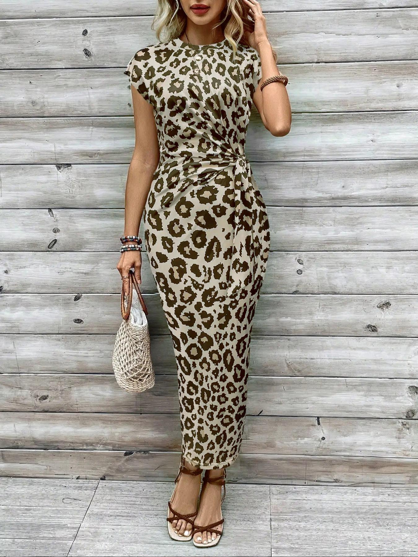 Women's Leopard Print Statement Knot Bodycon Dress, Elegant Butterfly Sleeve Round Neck Long Dress for Formal Parties, Holidays and Wedding Guests, Ladies Summer Clothes, Elegant Dress for Women