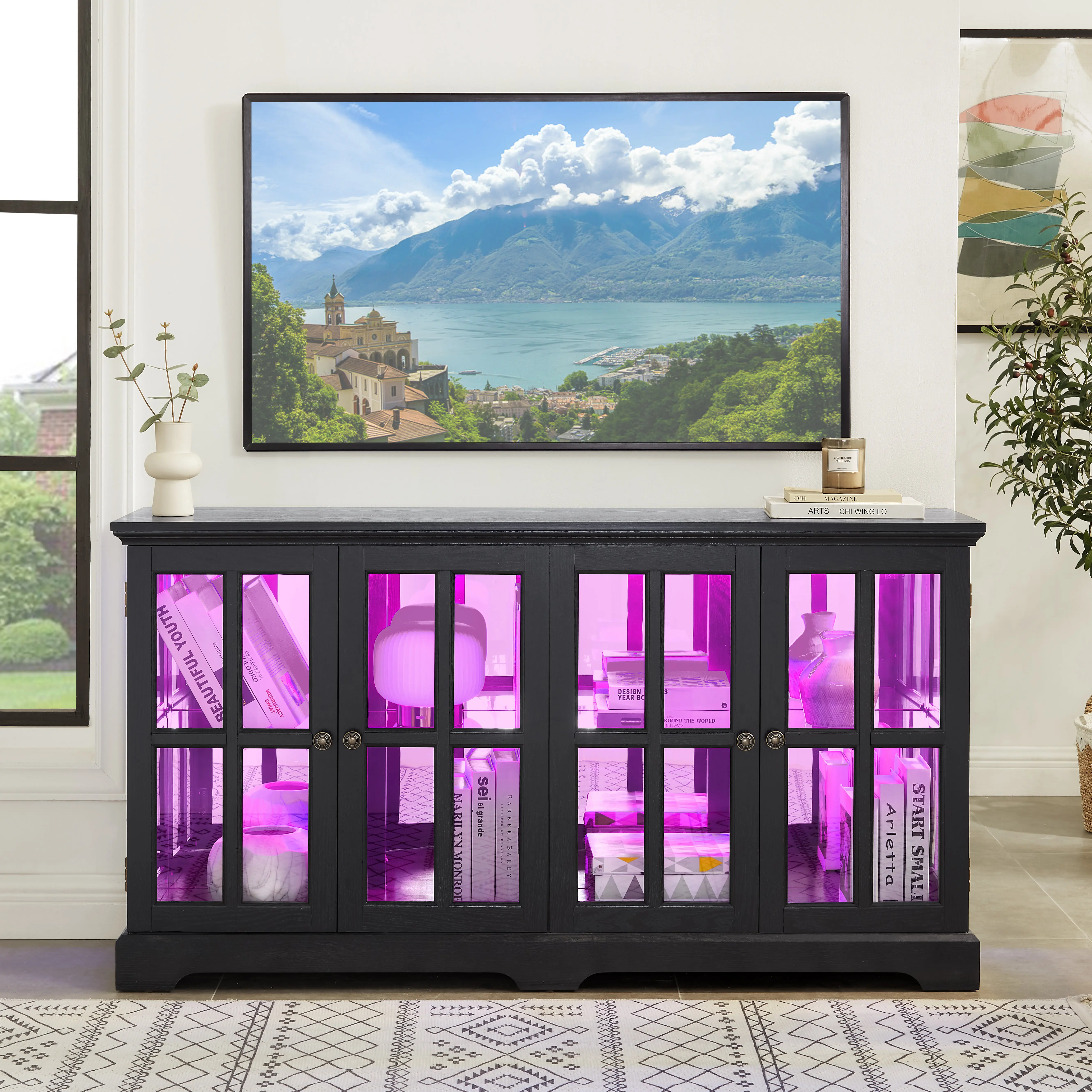 ARCH LED Curio Display Cabinet with Glass Doors Adjustable Shelves Antique Showcase for Collectibles Four Door Vintage Cabinet with Remote Control Color Changing Lights for Home Office Black MDF Acrylic, Black Color Options, MDF+Acrylic Material