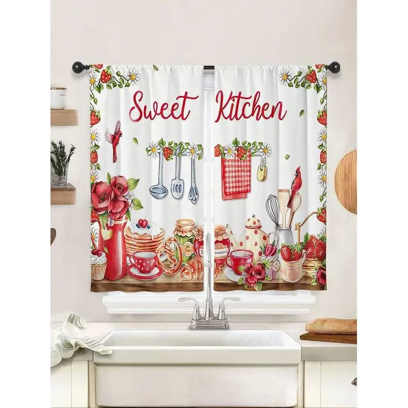 2pcs Country Style Farmhouse Kitchen Curtains, Strawberry Print Short Curtains, No Hole Curtains, Suitable For Bedroom, Office, Kitchen, Living Room, Study, Home Decor
