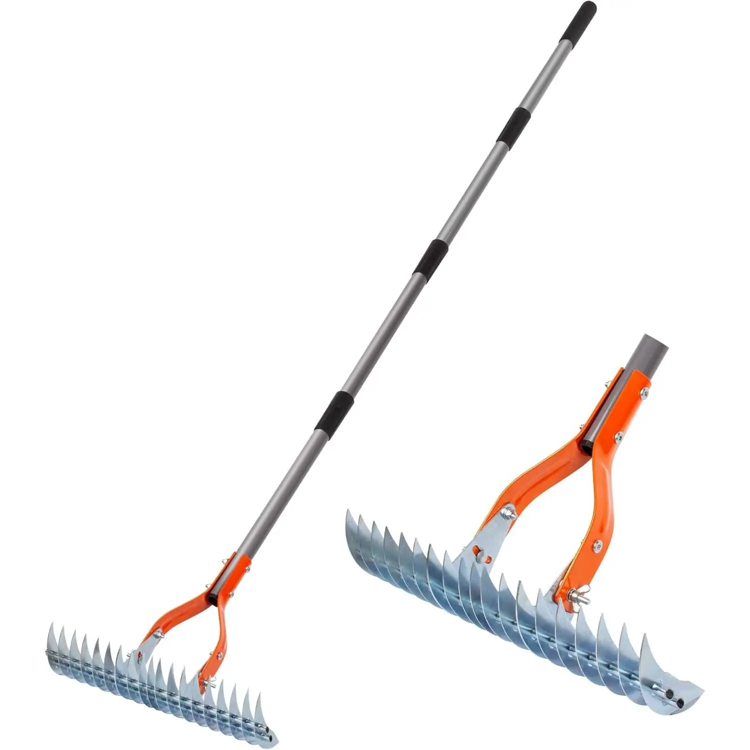 Thatch Rake for Lawn, 15-Inch Dethatcher Rake with Adjustable Sectional Handle, Heavy Duty Steel Lawn Rake for Removing Dead Grass, Efficient Grass Dethatching Tool for Yard and Garden