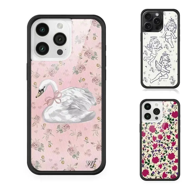 Fashion Wildflower Cartoon Swans Phone Case for iPhone1 13 Pro 14 pro 15 Max 16 pro max 12 Cute Puppy  WF Deer Cherry Protection