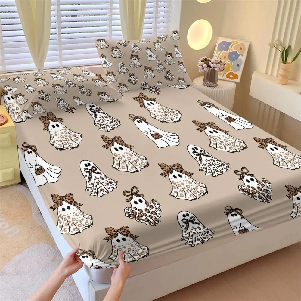 3Pcs Cute Ghost Fitted Sheet Set, Spooky Preppy Aesthetic Bed Sheets Set, Leopard Print Bow Halloween Bedding Set, Soft Microfiber Bed Cover for Kids Bedroom Decor No Fillers