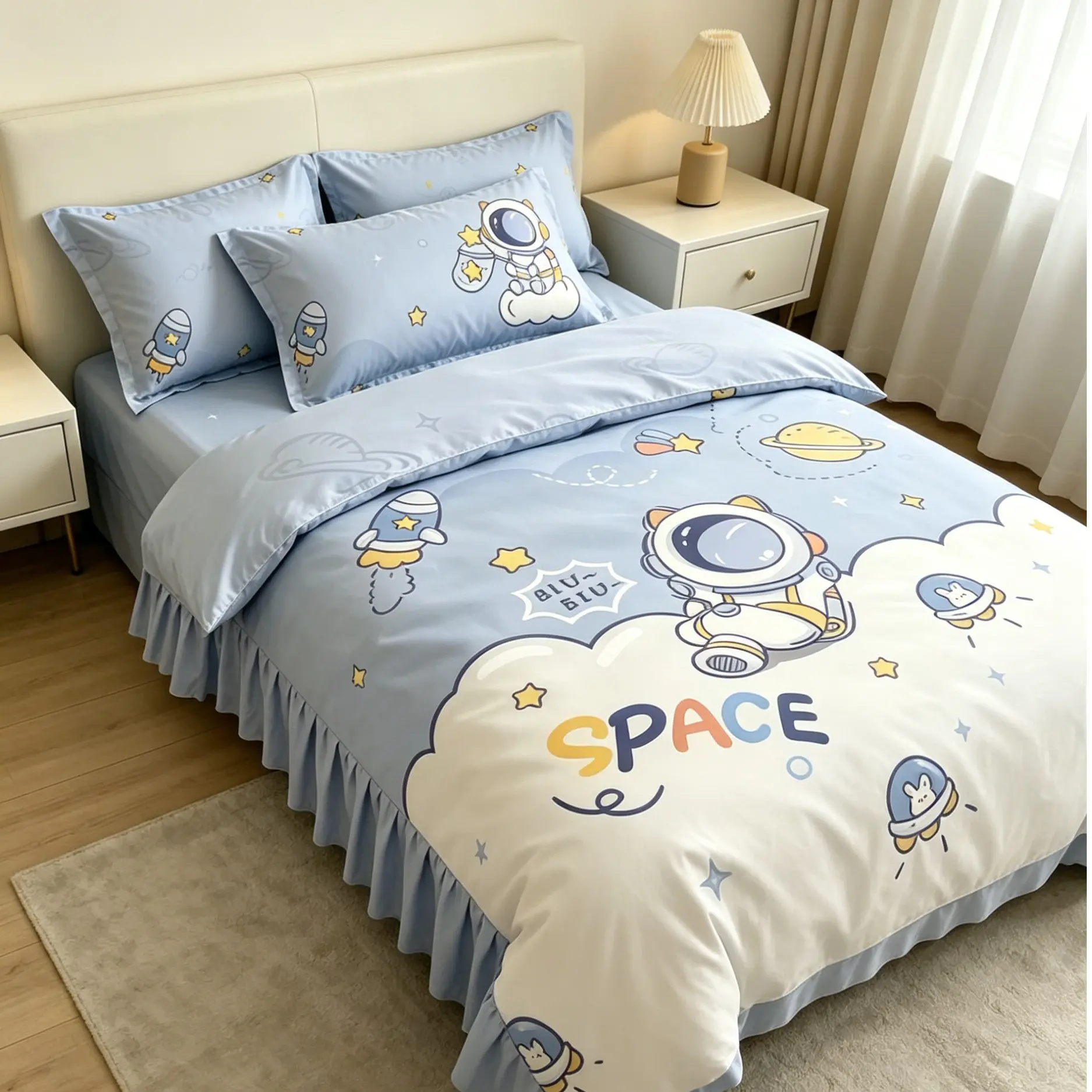 Cute Astronaut Bed Sheet 150x230cm, Soft and Comfortable Design, Perfect for Kids' Bedrooms, Durable Material, Easy Care Maintenance
