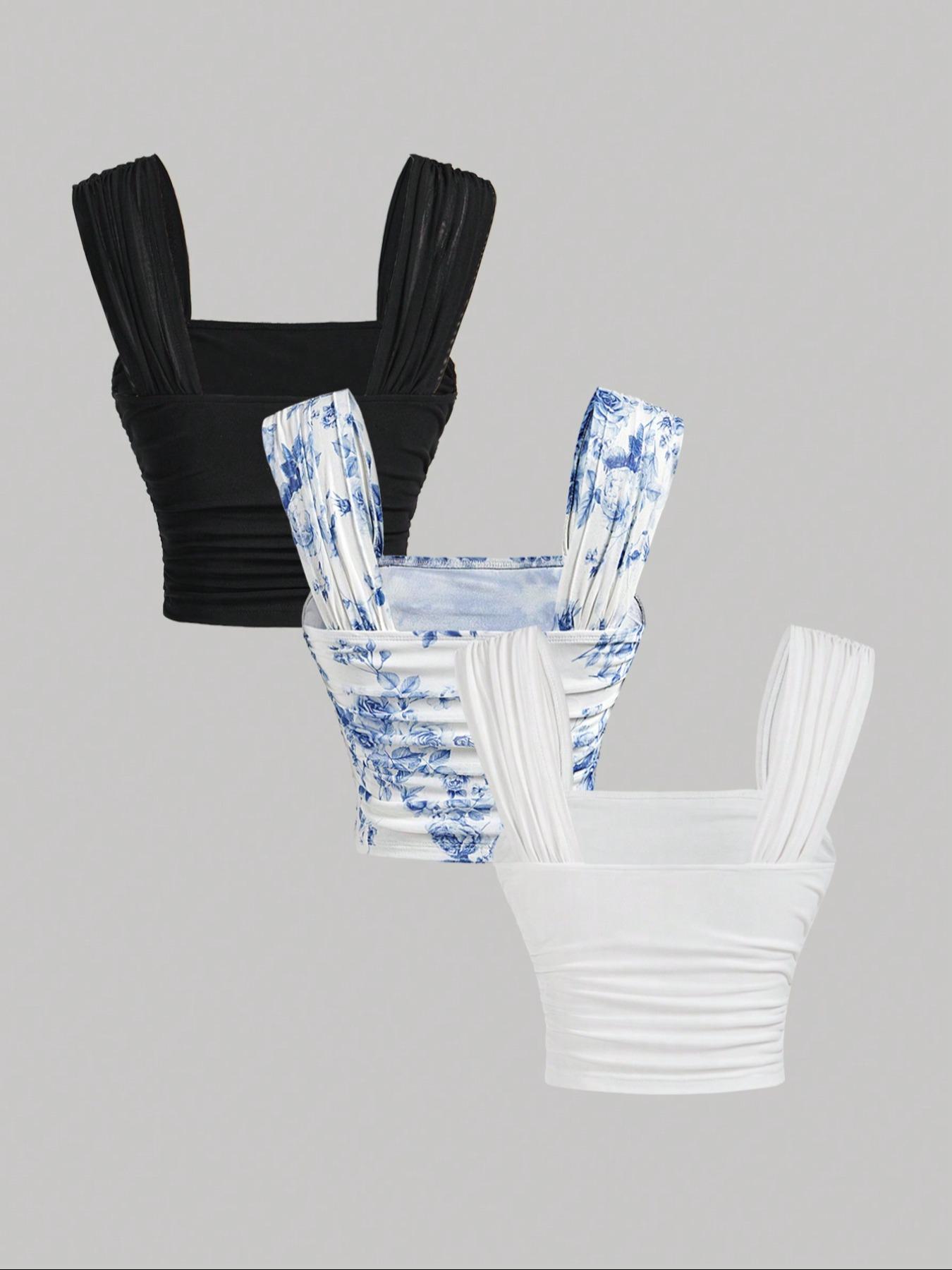 Women's Plain / Floral Print Ruched Tulle Tank Top, Elegant Sleeveless Top for Summer, Ladies Clothes for Daily Wear, Cropped Cami Top