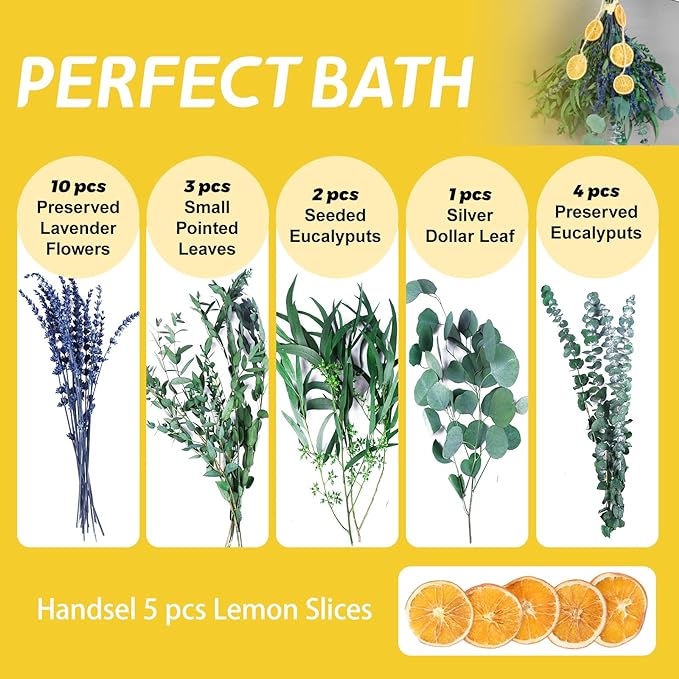5 Kinds Mix Dried Eucalyptus & Lavender Bundle for Shower, 15''-17'' Fresh Preserved Eucalyptus Leaves and Lemon Hanging Plants| Spa Aromatherapy Bathroom Decor Decorative Fruit Set Ornaments