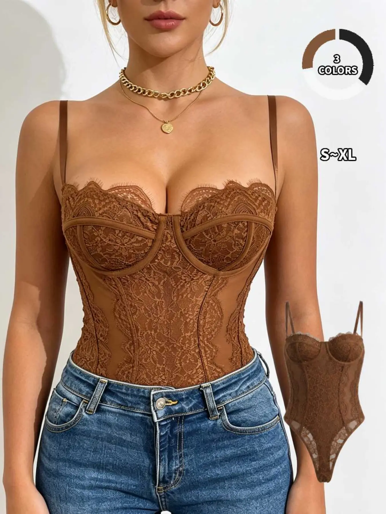 Women's Lace Ruched Bodycon Bodysuit, Italian Strap Design, Sheer Mesh Waist Cincher, Fashionable Plain Pattern, All-Season Wear