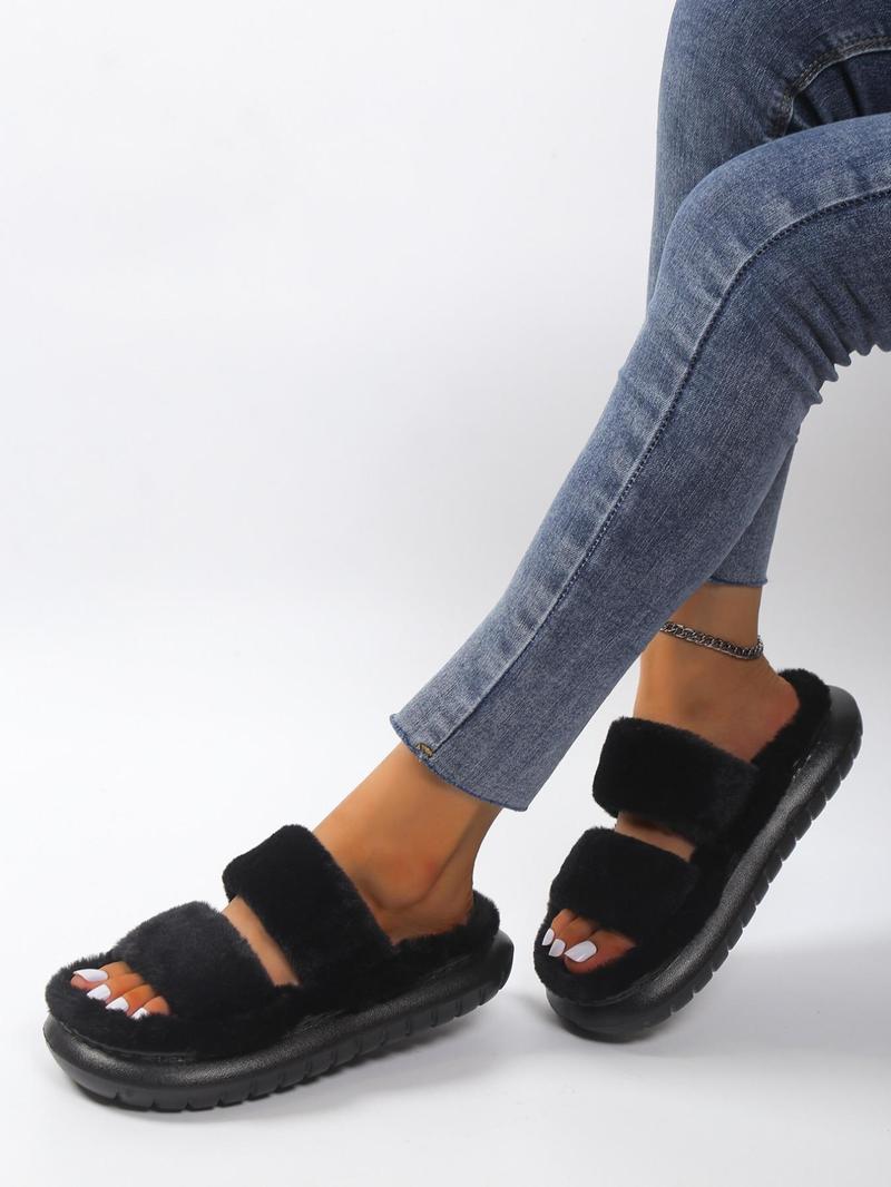 Women's Summer Comfort Solid Color Fluffy Slide Slippers, 2025 Summer Double Strap Bedroom Slippers, Girl Casual Soft Plush Home Slippers, Footwear & Walking Shoes, Flat Shoes Sandals