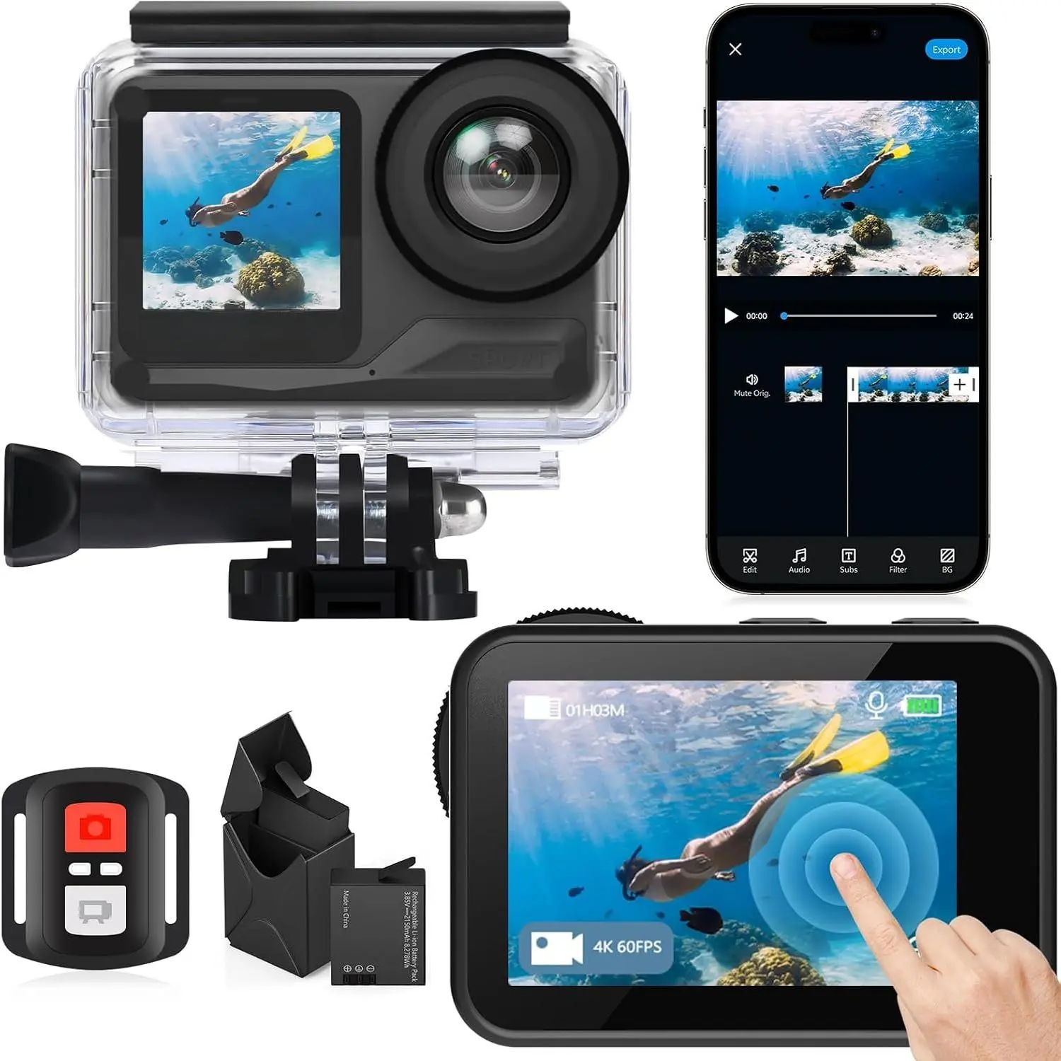 4K Action Camera with Remote Control, 60FPS WiFi  Camera with  , EIS Image Stabilization, Underwater  Camera