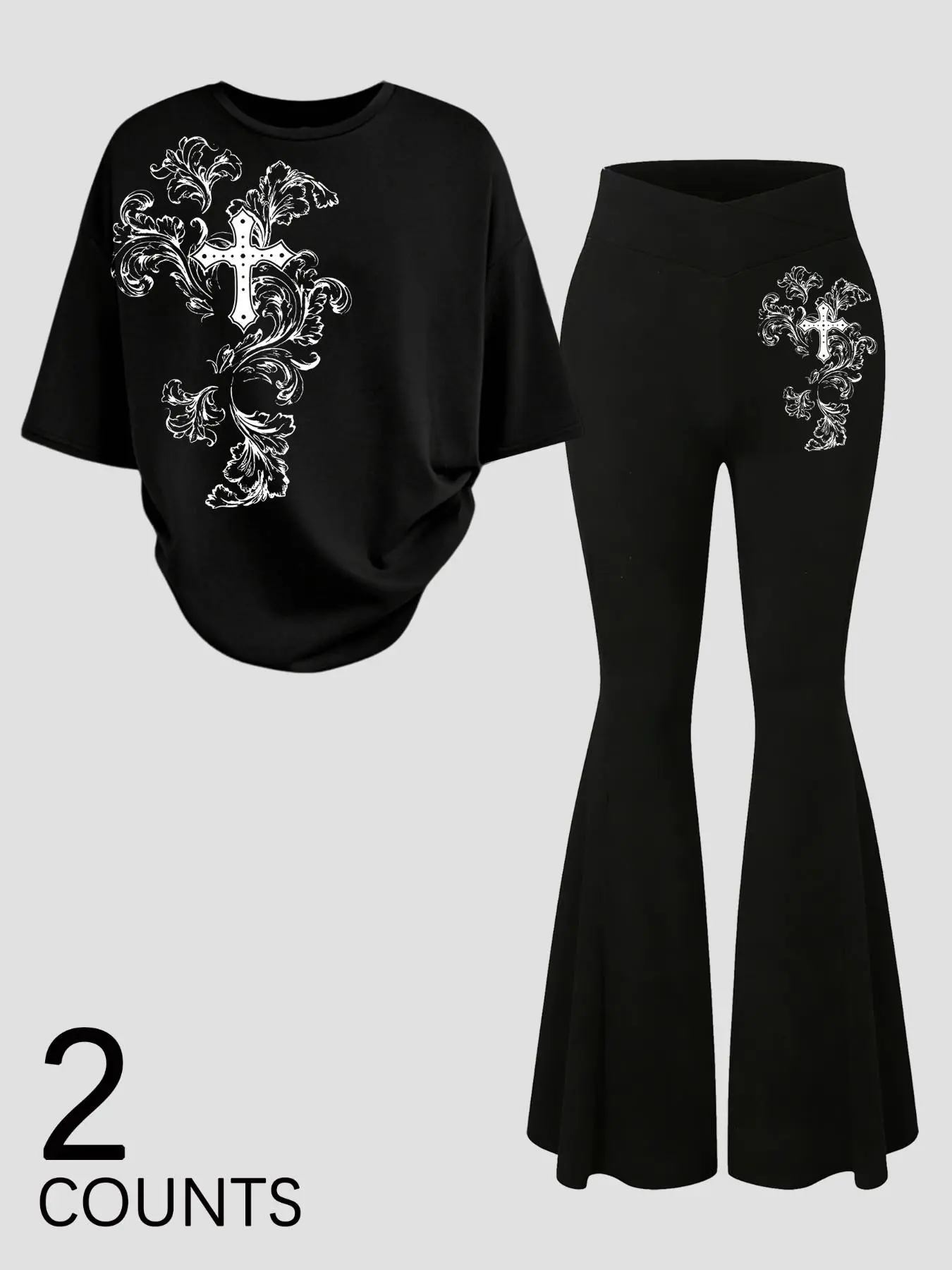Women's 2-piece set featuring a fitted micro-flared pant and a T-shirt with a Gothic angel print; Y2K dark aesthetic style, perfect for casual street fashion.