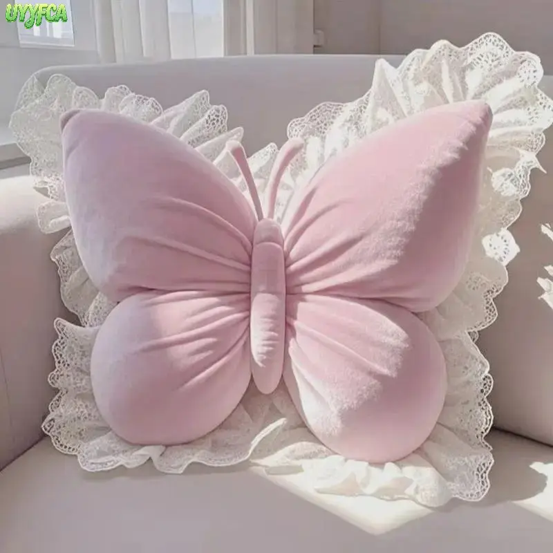 Elegant Butterfly Throw Pillow With Lace Ruffle Border, Soft Shiny Shaped Butterfly Decor Cushion, Fluffy Filled Lumbar Support Back Pillow, Multi Pastel Solid Color Options, Coquette Aesthetic Sofa Bed Decor Pillow For Bedroom Living Room Girls Room tikt