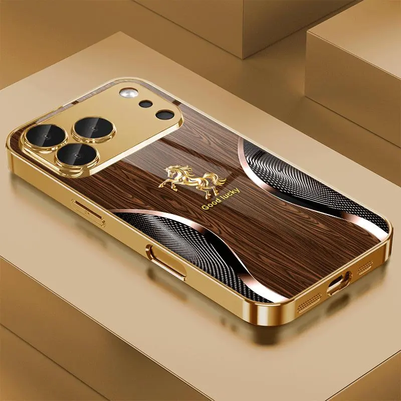 Phone Case - Wooden Background with Curved Golden Horse, Aesthetic High-End Personalized Pattern Plated Glass Phone Case for iPhone 17/16/15/14/13/12/11 and Samsung Galaxy S26/S25/S24/S23 A series, Fashionable Aesthetic 995 Smartphone Cellphone