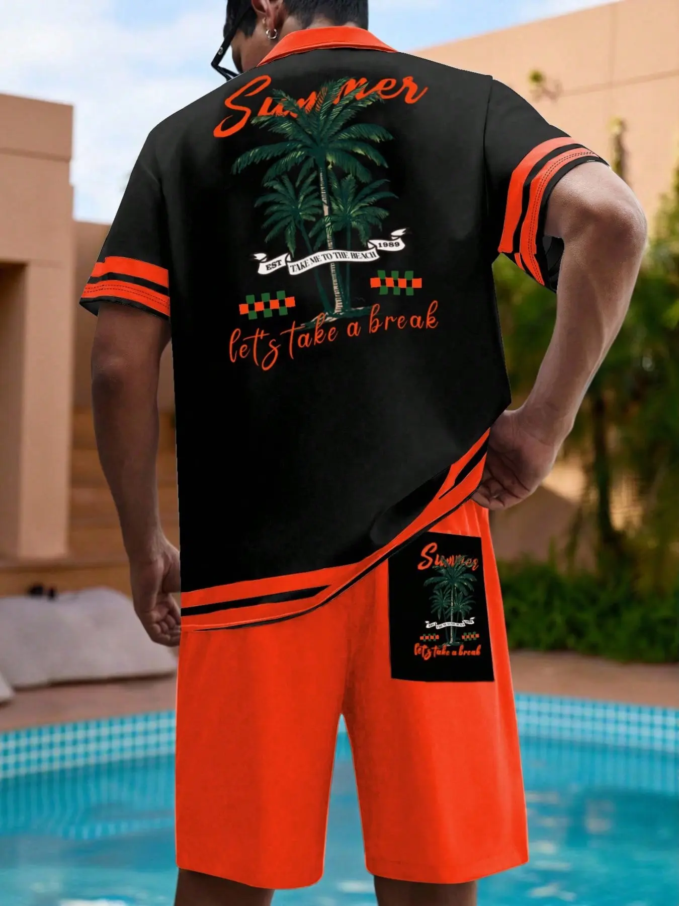 Men's Hawaiian Vacation Style 2-Piece Set, Striped Short Sleeve Shirt and Drawstring Waist Shorts, Casual Fashion Comfortable Breathable