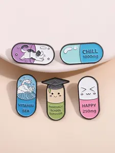 5Pcs Healing Capsule Brooch Set, Zinc Alloy Enamel Material, Multi-Style Text Decorations, Emotion Cure Theme Badge, Unisex Design