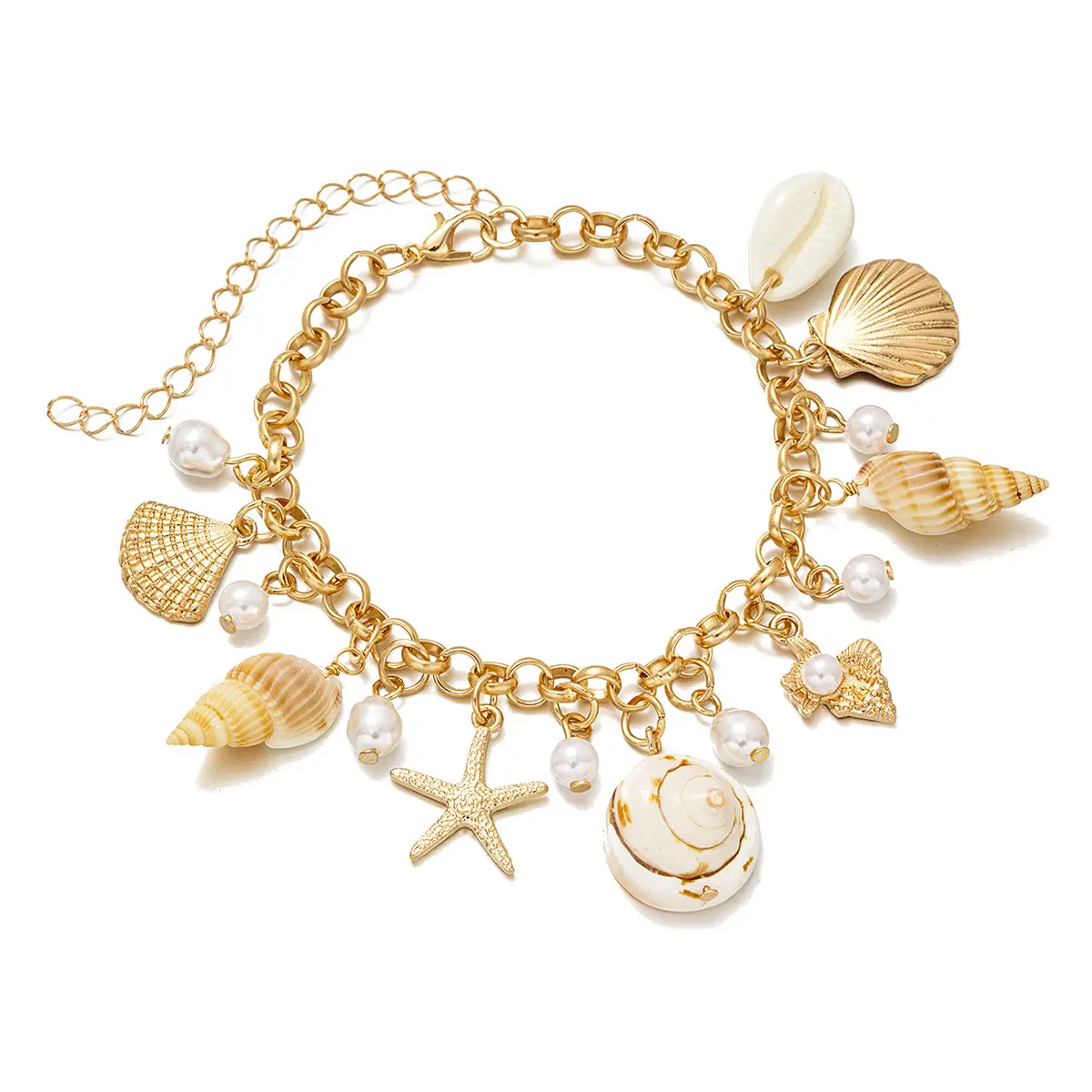 Loveden Women Summer Beach Anklet Gold Chunky Chain Seashell Pearl Pendant Ankle Bracelet Ocean Foot Jewelry For Holiday Party