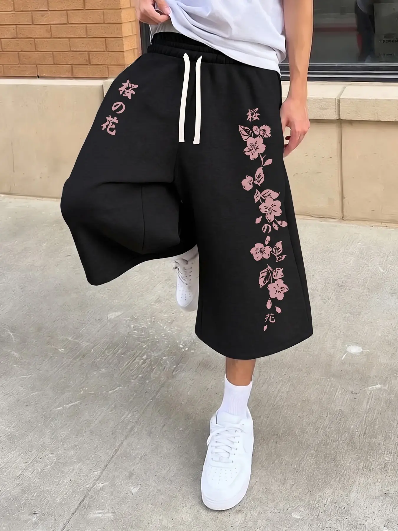Men Solid Black Drawstring 7/7 Length Capri Sweat Pants Dual Pink Cherry Blossom Japanese Text Graphic Shorts For Men Retro High Street Loose Breathable Summer Bottoms Clothes