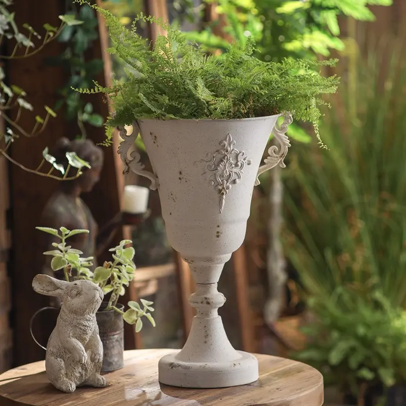 Vintage French Farmhouse Tall Flower Vase, Distressed Scroll Handle Trophy Urn Pedestal Planter, Indoor Fern Greenery Decor