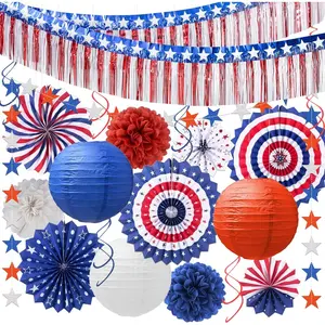 4th of July Decorations 21-Pcs Red White Blue Patriotic Party Supplies Foil Fringe Streamer Star Garland Paper Fans Lanterns Pom Poms Hanging Swirls for Independence Day