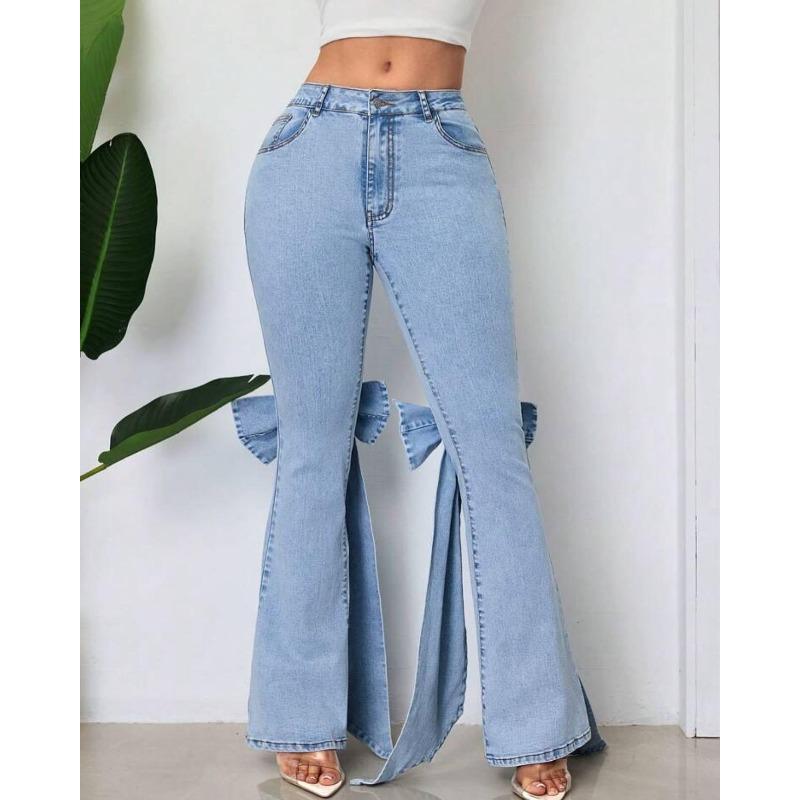 Fashion Women's Jeans High Waist Stretch Bow Trimmed Flared Jeans
