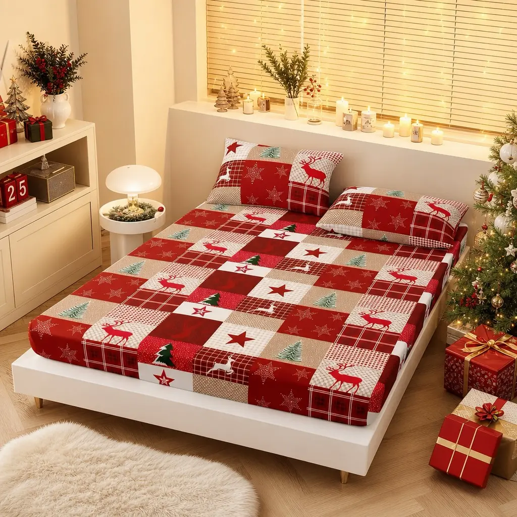 Vintage Plaid Patchwork Christmas Bed Sheet Set, Reindeer Christmas Tree Star 25cm Deep Pocket Non-Slip Mattress Protector, Twin Pillowcases