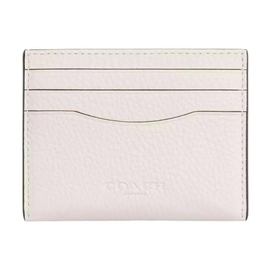 COACH Card Case for Women – Embossed Logo, Ultra-Thin Pebbled Leather, Chalk White