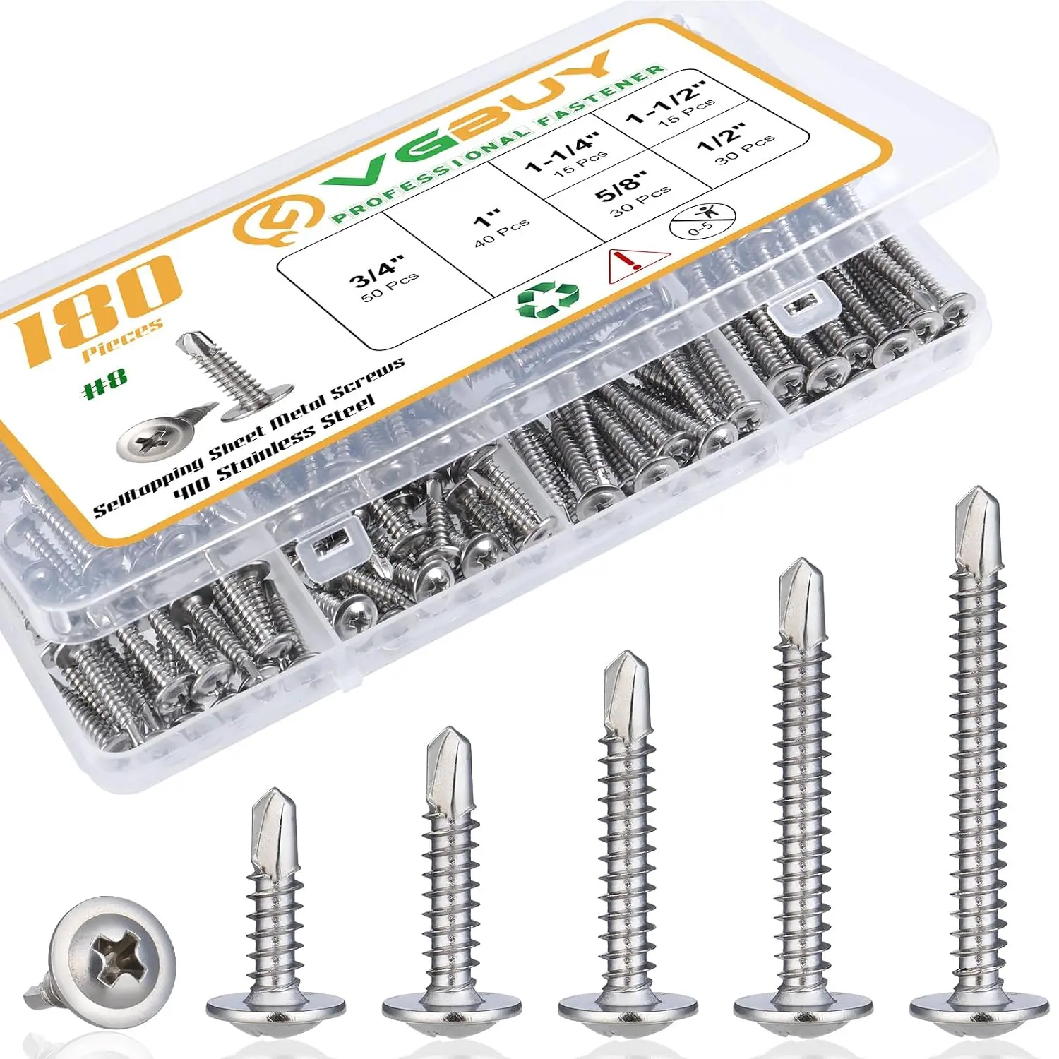 180 count #8 Self Tapping Screws  Kit, 410 Stainless Steel Self Drilling Screws for Metal, 6 Sizes (1/2", 5/8", 3/4", 1", 1-1/4", 1-1/2")  Truss  Sheet Metal Screw