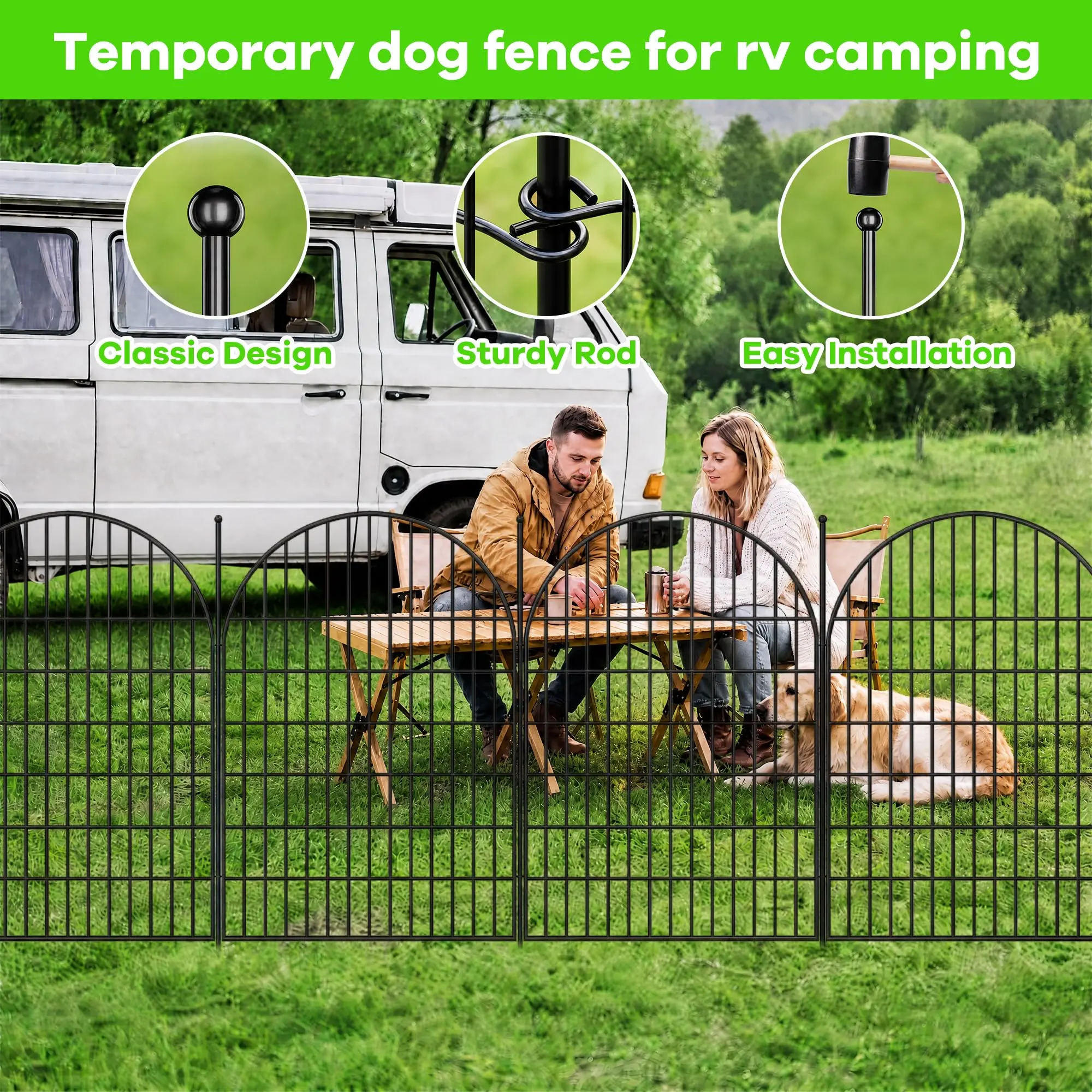 GAOMON Heavy Duty Rustproof Arched Metal Garden Fence Panels – Outdoor Yard Animal and Pet Barrier, Black Landscape Edging, Weatherproof, No Dig Install for Patio, Flower Bed – 10 Pieces, 40in H x 23.6ft L, Without Door