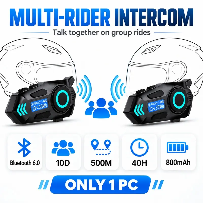 Motorcycle Bluetooth Intercom Headset, Multi-Rider Helmet Communication System with FM Radio, Music Sharing, Ambient Light & IP65 Waterproof Protection