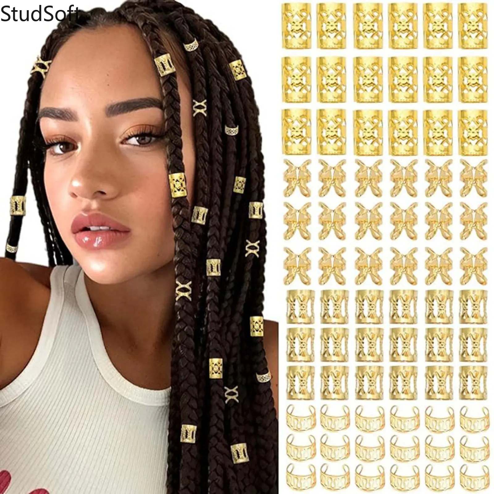 120Pcs Gold Braiding Hair Jewelry: Dreadlock Beads Cuffs with Hollow Filigree Pattern for Box Braids Women Girls Music Festival Rave Hair Accessories