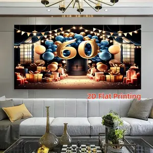 2D Flat Banner 1pc Luxury Gold, Embossed Numbers Blue Gold Gift Box Triangle Flag Print Wall Decor, Polyester Material