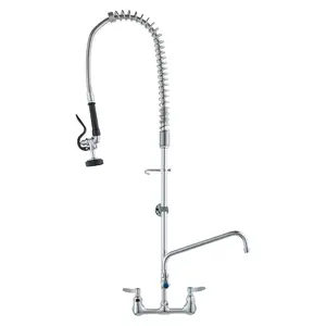 VEVOR Brass Industrial Wall-Mounted Sink Faucet, 44" Tall, 8" Adjustable Center, 12-Inch Swivel Spout, Extendable Dual Mode Sprayer, Dual Outlet, Fits Single/Triple Sinks