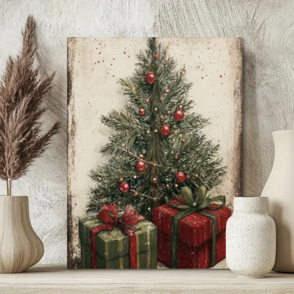 Vintage Christmas, Canvas Wall Art, Retro Tree With Red Ornaments And Gift Boxes, High Definition Printed Texture, Holiday Home Decor Living Room Bedroom, 1 Piece Unframed