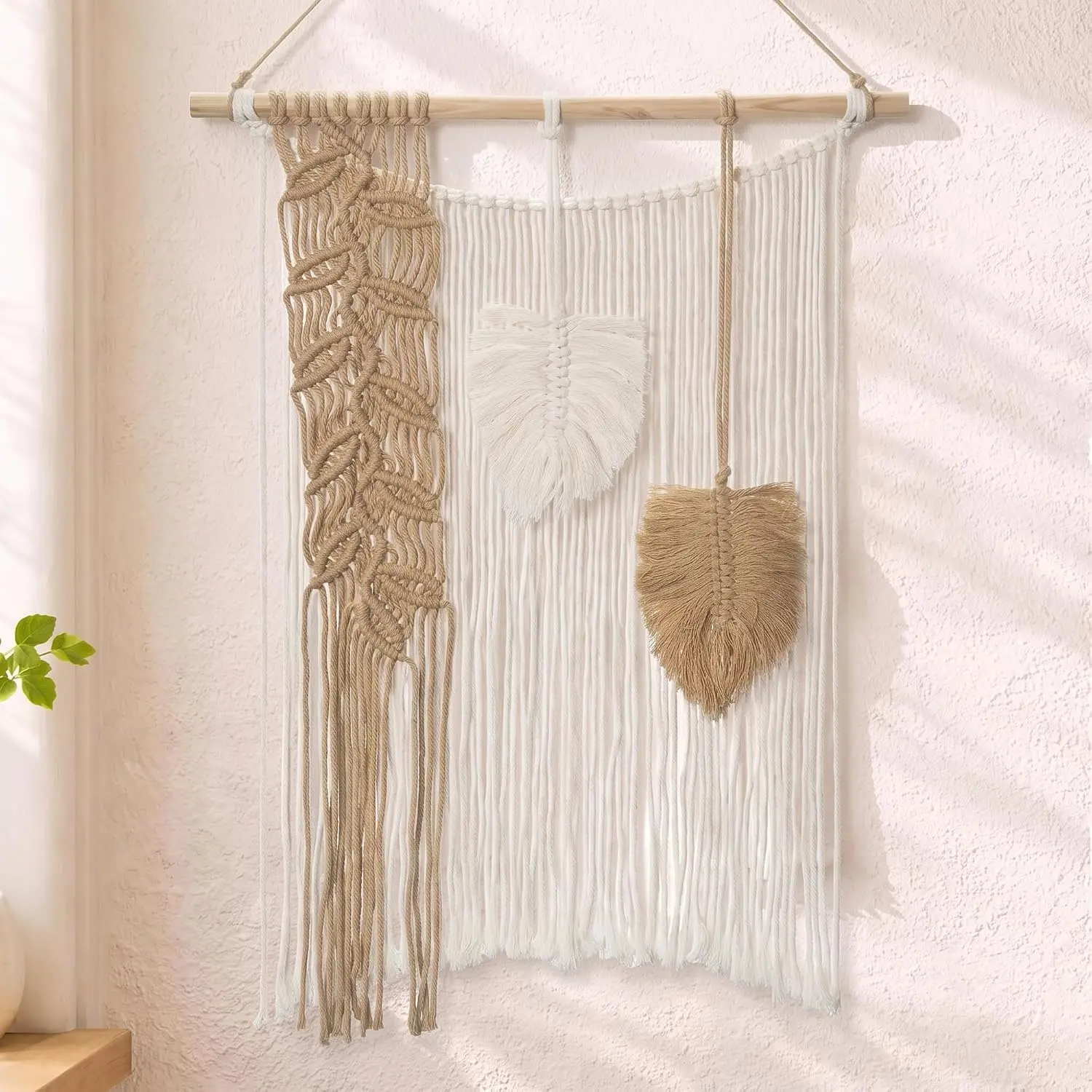 Briful Macrame Wall Hanging with Woven Feather Leaves 15.94" x 21.26"| Boho Wall Decor Chic Cotton Tassel Tapestry, Modern Farmhouse Apartment Bedroom Living Room Gallery Wall Art