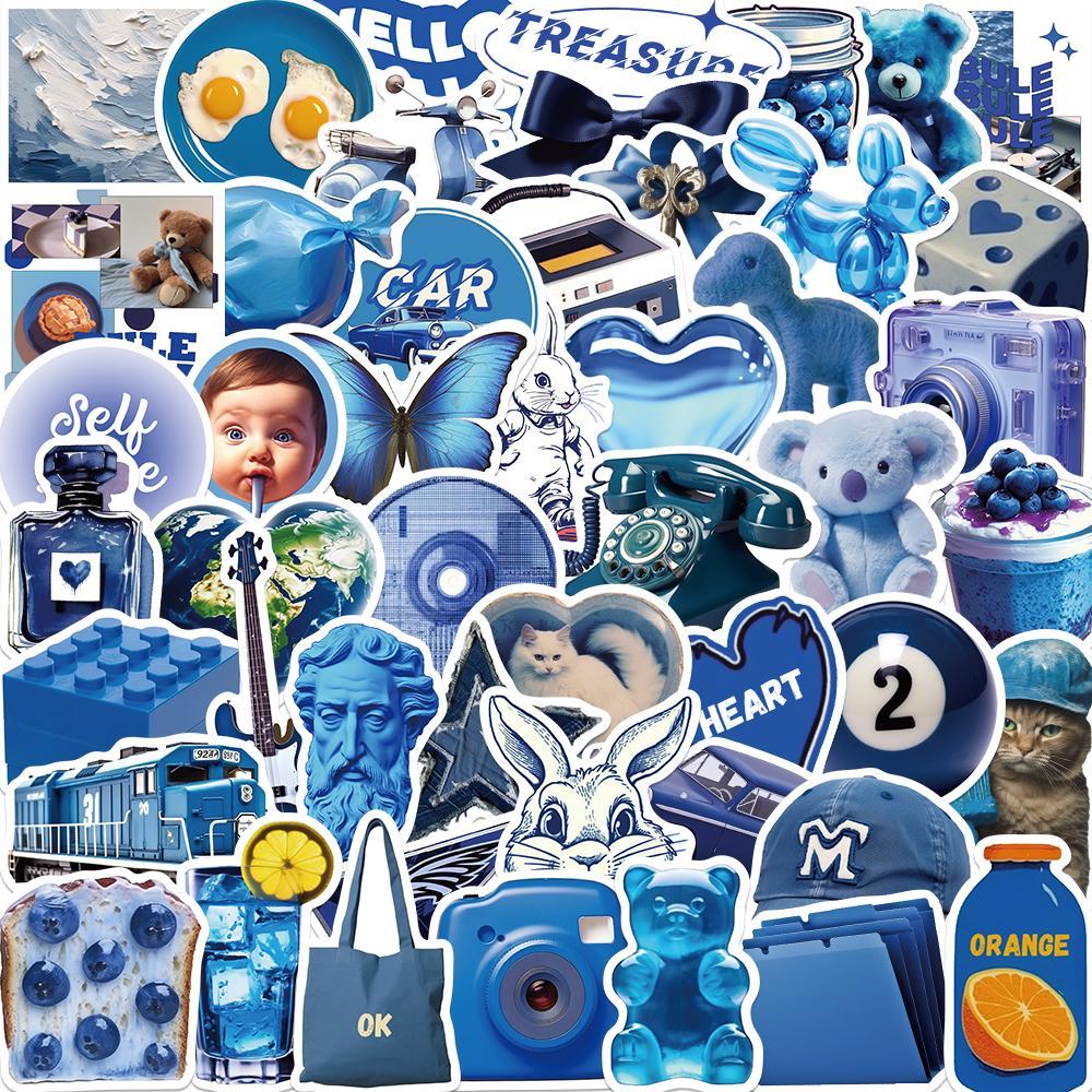 Blue Series Sticker, 50pcs/set Self Adhesive Decorative Stickers, DIY Decals for Water Bottle, Laptop, Phone Case, Scrapbooking, Journal Making