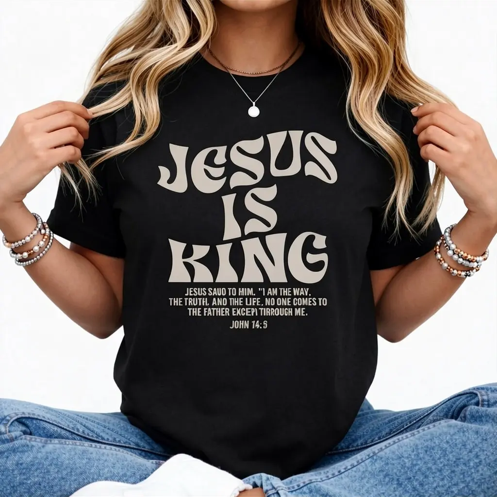 [100% Cotton] Jesus Is King Bible Verse John 14:6 Christian (on front)God Religious T-Shirt for adult kids boy graphic Tees shirts funny vintage fashion Short Sleeve tops vacation outfits clothing