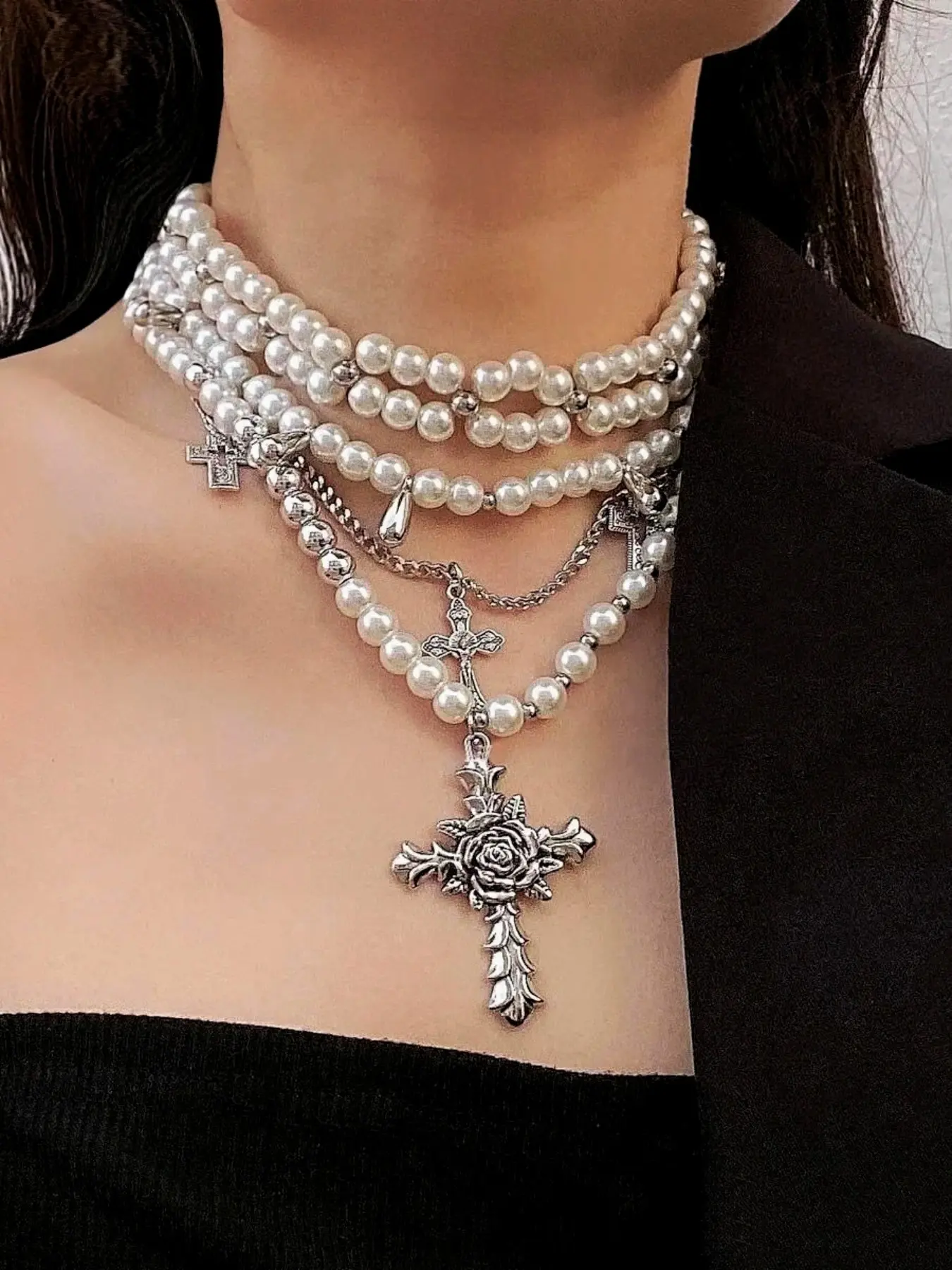 3-Piece Boho Style Multi-Layer Imitation Pearl Silver Color Cross Pendant Necklace, Perfect for Women, Gifts, Street Fashion, Parties