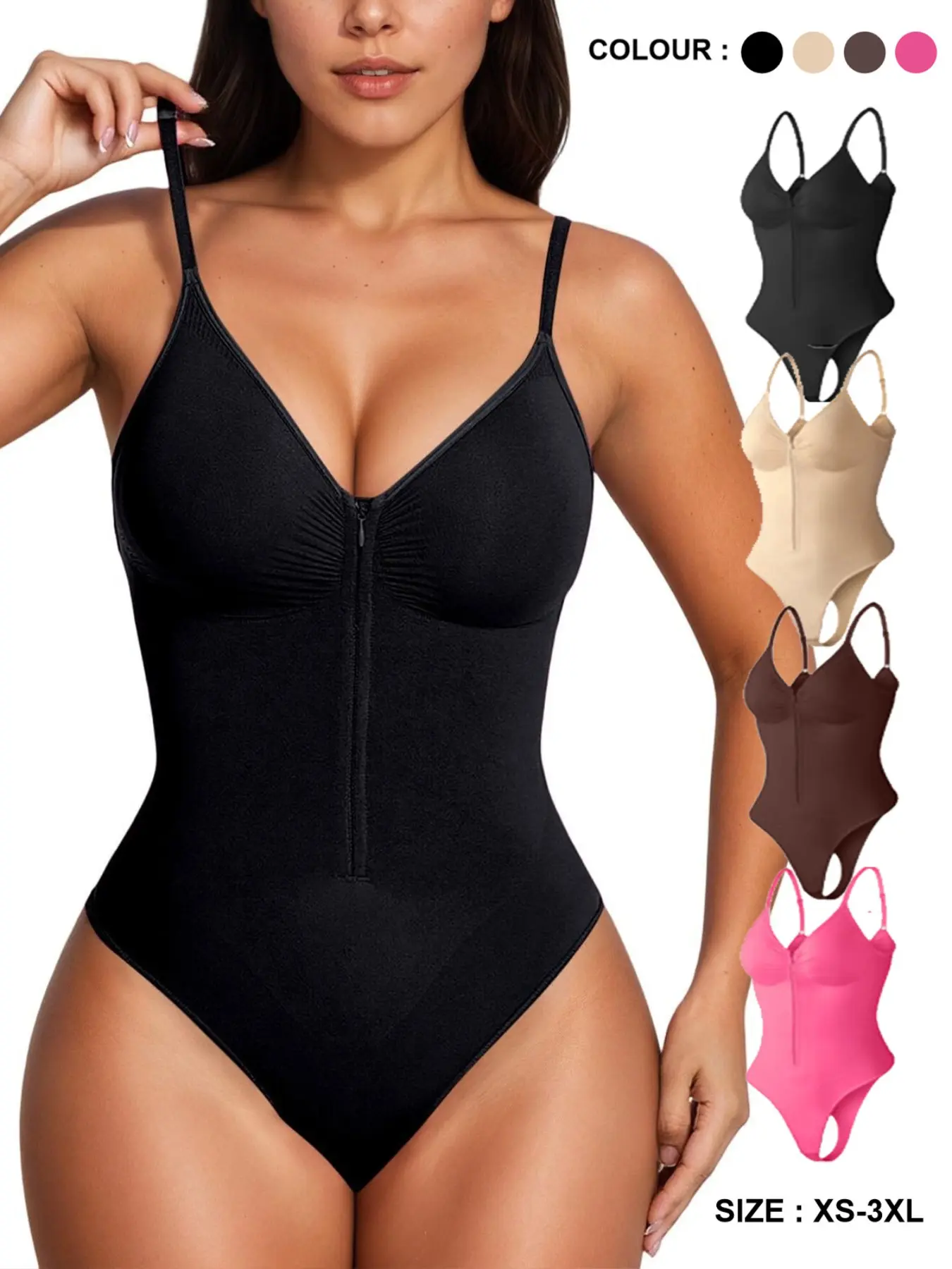 Women's Shaping Thong Bodysuit, Zipper V-Neck Seamless Shapewear, No Lining, Adjustable Straps, Casual All-Season Wear