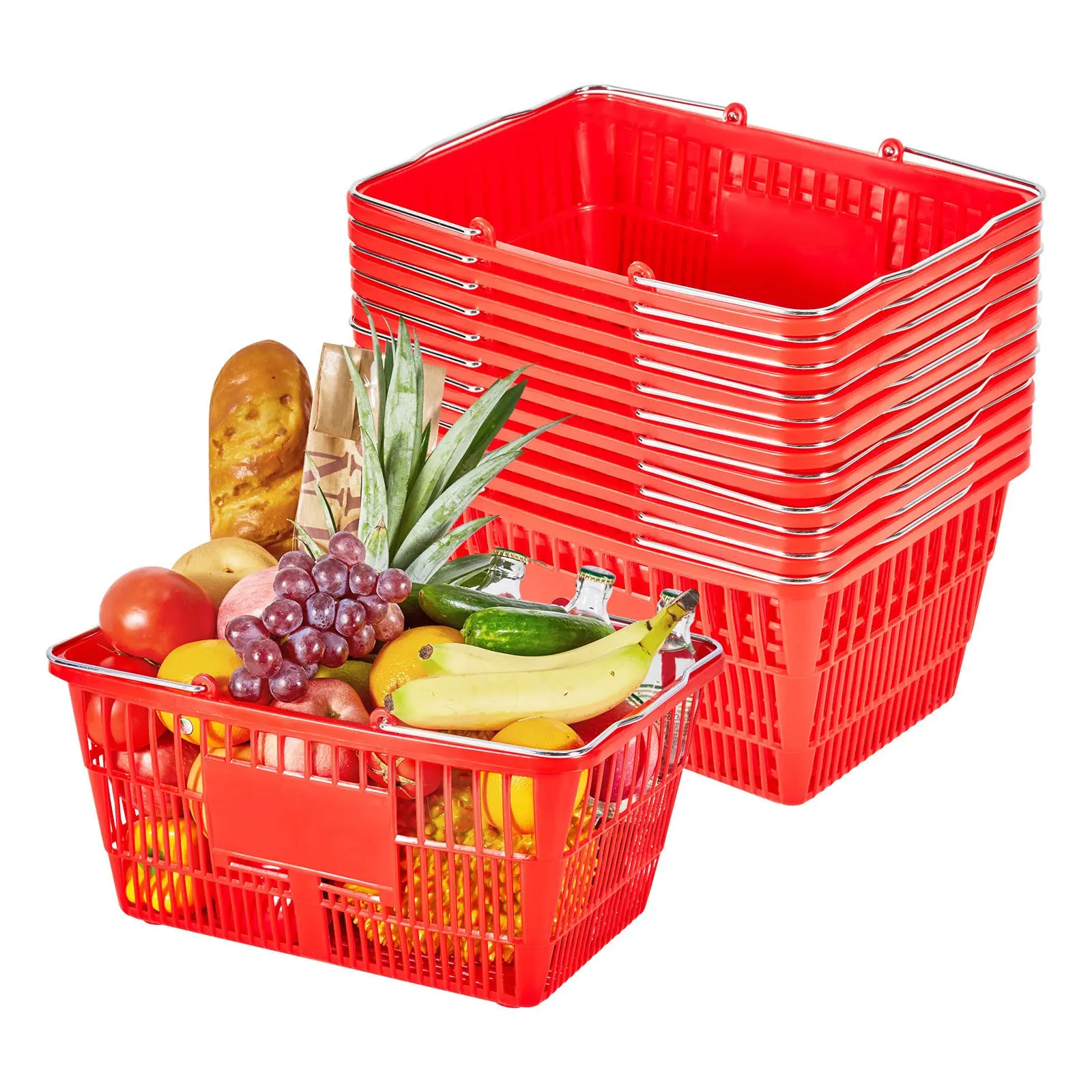 VEVOR 12-Piece Stackable PE Plastic Shopping Baskets, 21L Dense Mesh Grocery Baskets with Metal Handles, 20 lbs Capacity, Portable for Retail Stores, Home Use (Red)