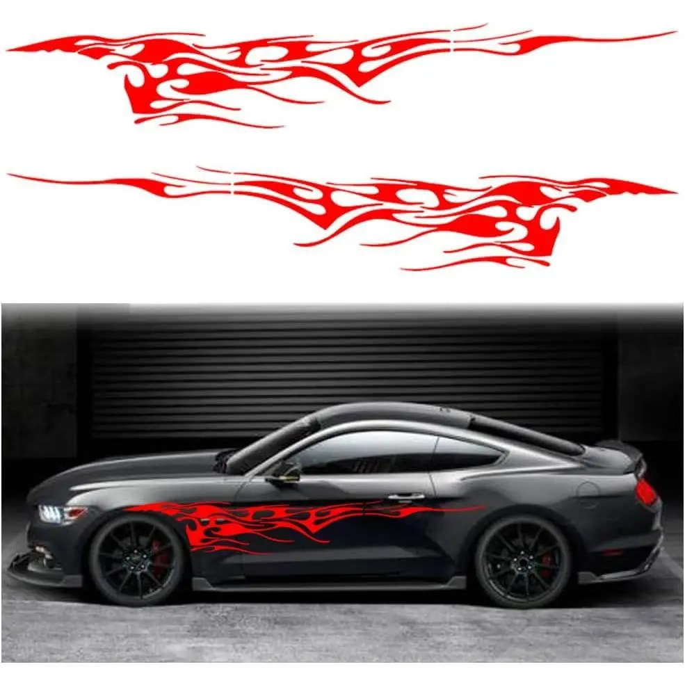 2Pcs Universal Flame Graphics Self-Adhesive Car Side Strip Decals - 102.7inch x 14.9inch, 94.4inch x 15.3inch, Easy to Adjust Position, Remove Bubbles, Racing Sports Car Exterior Accessory for Truck/SUV (Style1 Red) with Decal Decoration