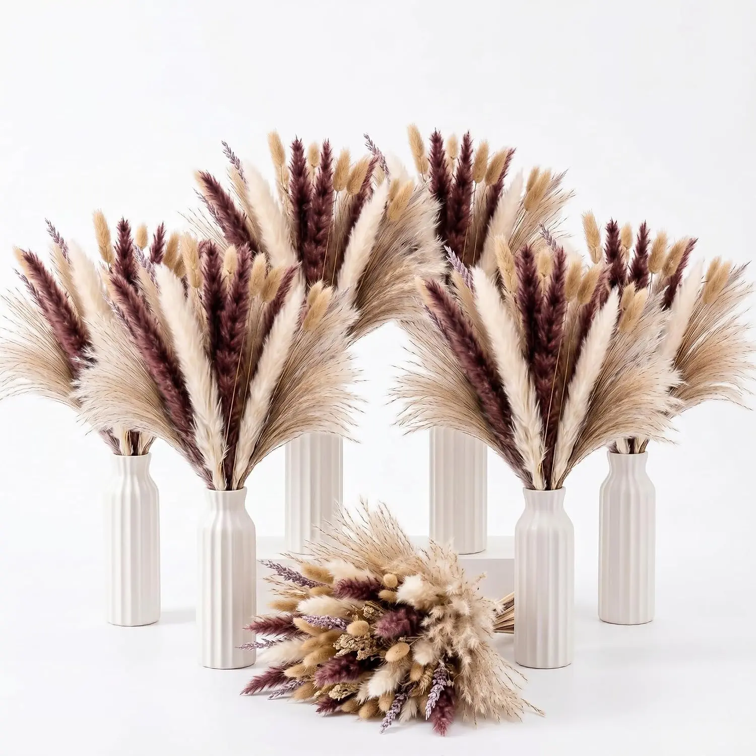 6 Sets Boho Wedding Table Centerpieces Bulk Pampas Grass Decor 6" White Ceramic Vases with Rope, 264  Dried Pampas Grass  Table Decor for  Shower Bridal Shower Decoration