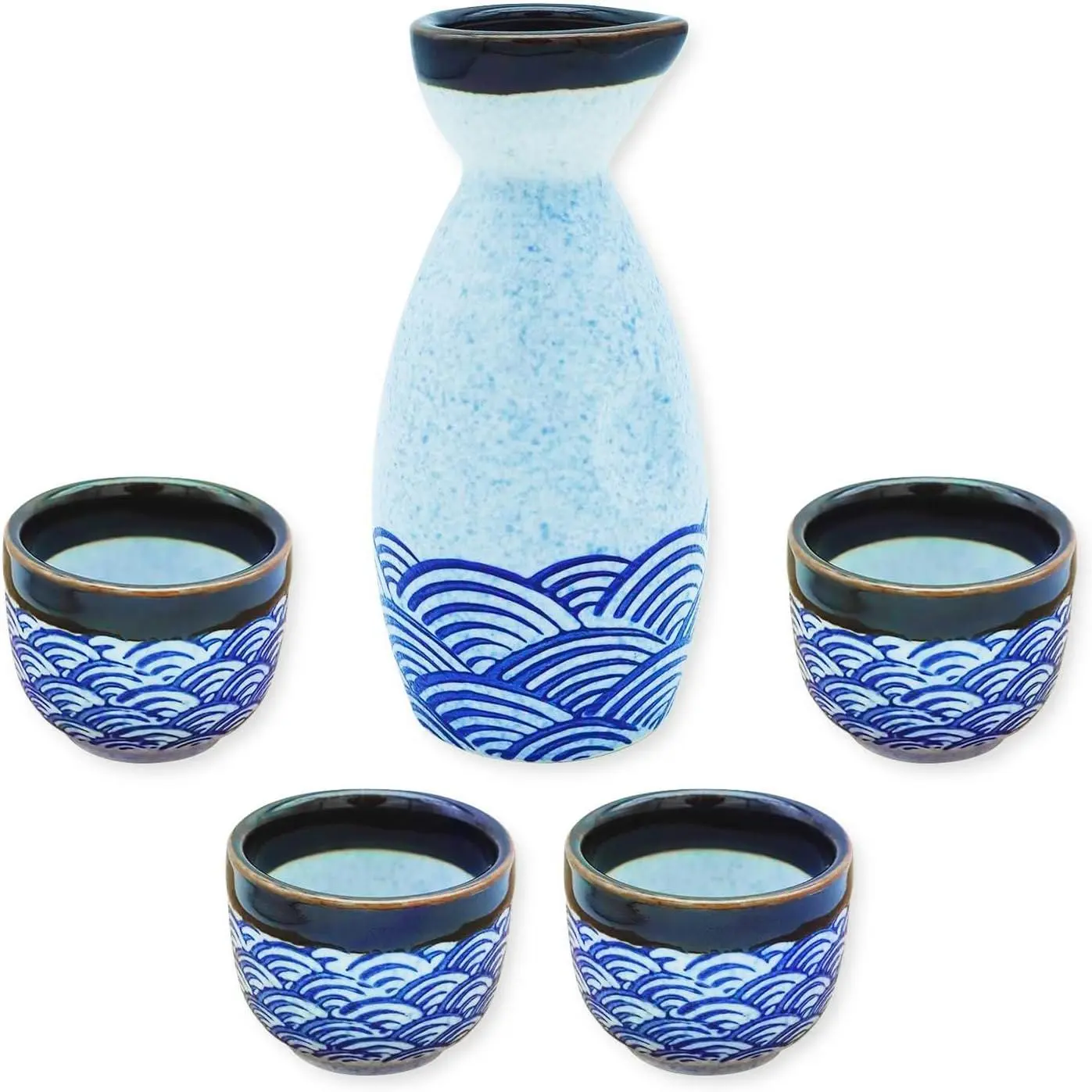 Porcelain Japanese Sake Set Ceramic Bottle and Cups for Sake Dishwasher & Microwave Safe Blue Wave Pattern 1 Sake Bottle and 4 Sake Cups