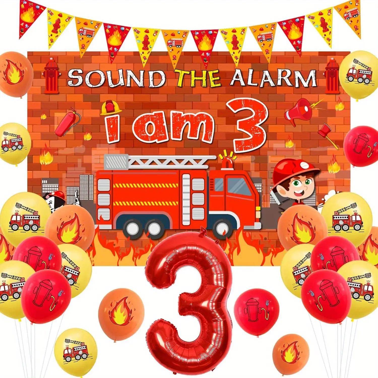 1-Set Boy's 3rd Anniversary Birthday Party Supplies Kit, Fire Engine-Themed Decorations with "I am 3" Banner, Backdrop, Fire Truck Balloons & Firefighter Gifts